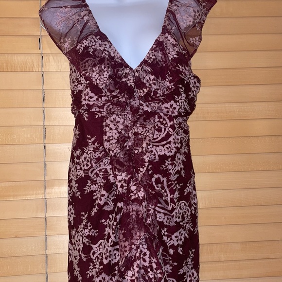 WAYF Marie Burgundy Floral Print Ruched Lace Ruffle Maxi Sheath Dress - Picture 7 of 12